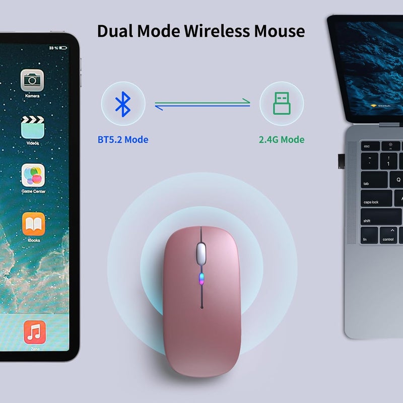 KANMABPC Wireless Bluetooth Mouse – Rechargeable, Silent, Dual Mode (Bluetooth 5.2 & USB) with LED Lights – Portable for Laptop, Desktop, & Tablet(Rose Gold) - Image 4